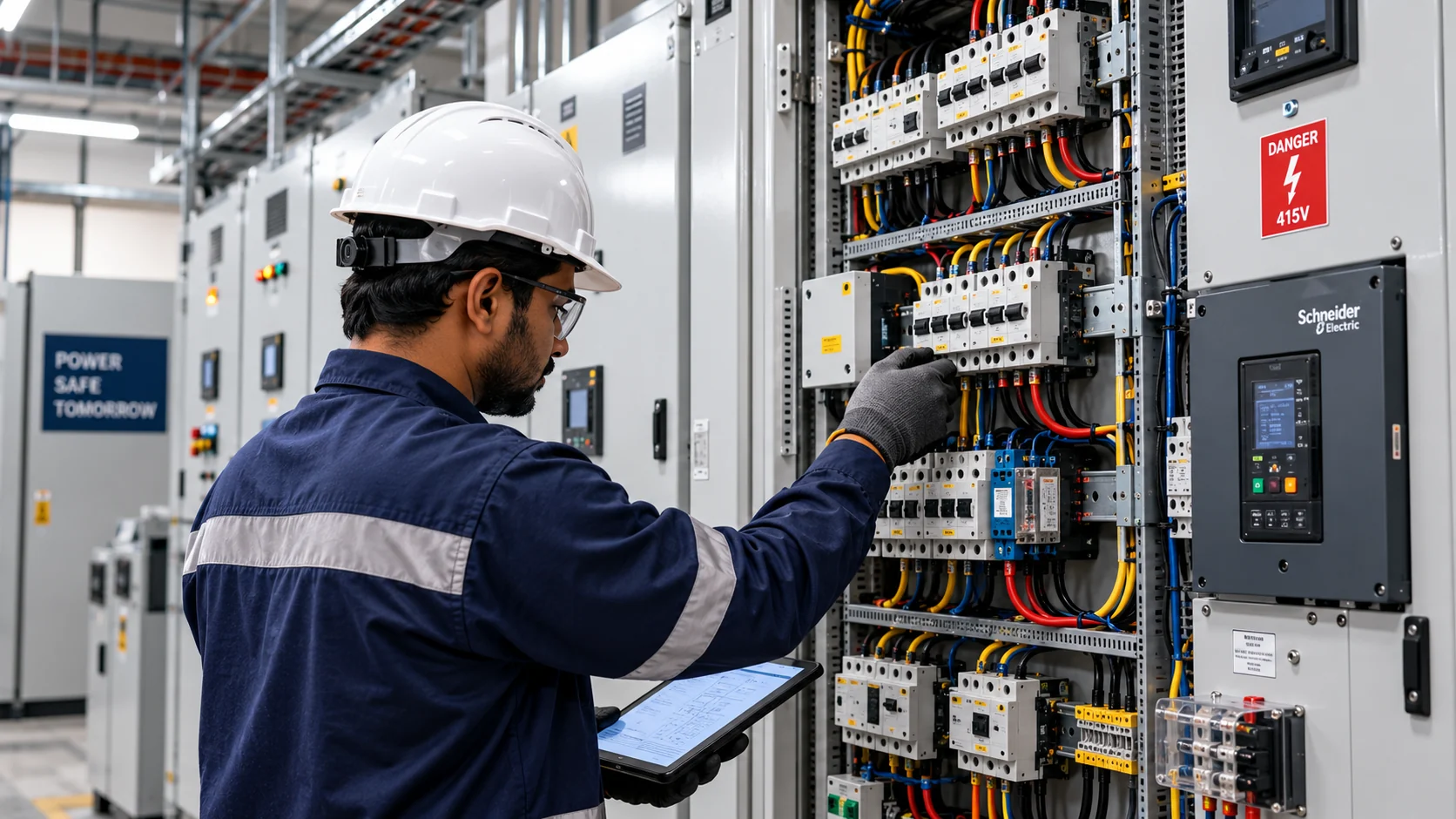 Electrical maintenance technician servicing a modern distribution panel