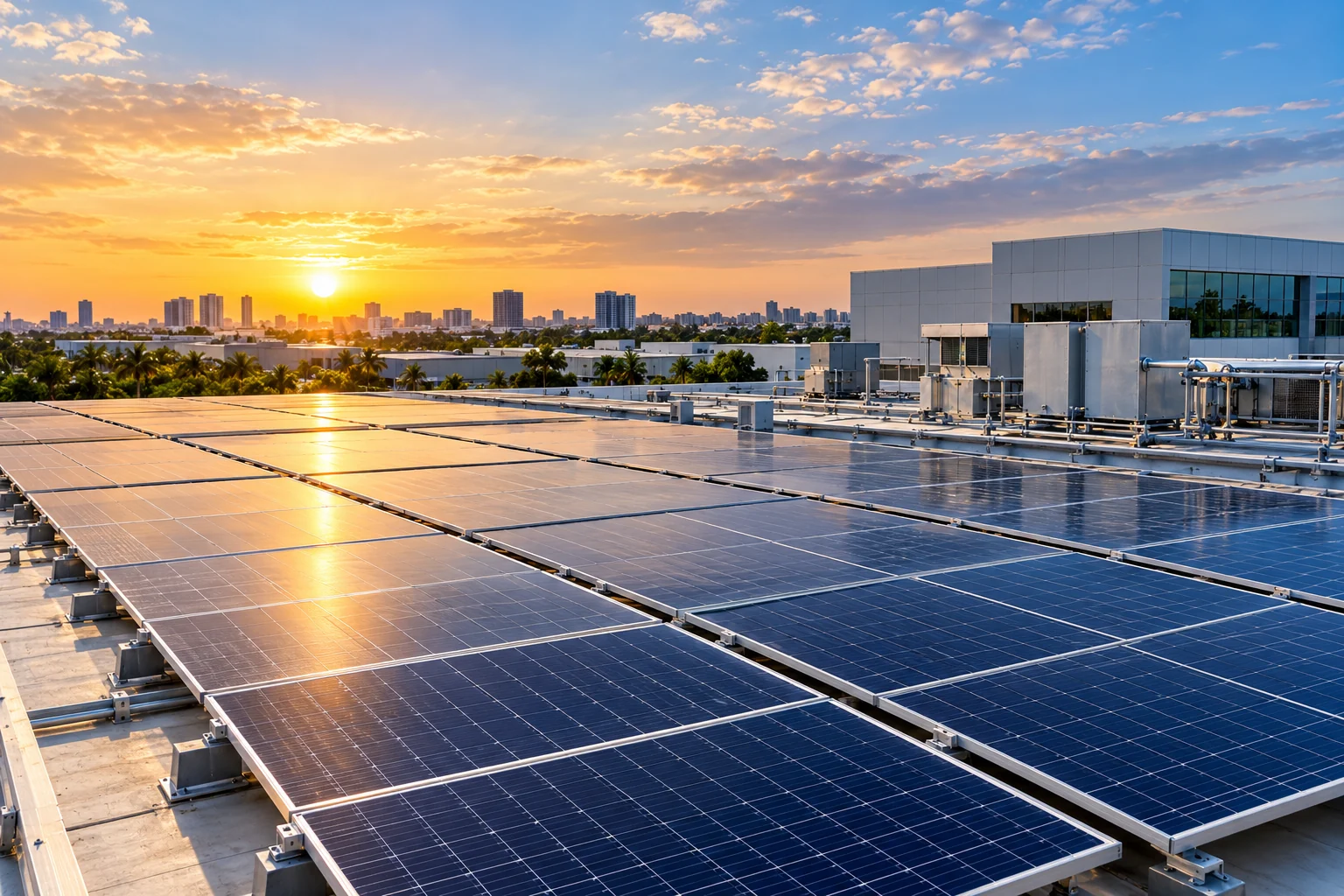 High detail commercial rooftop solar installation at golden hour