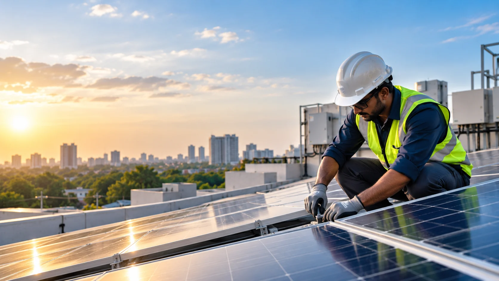 Electrical technician testing solar system support equipment